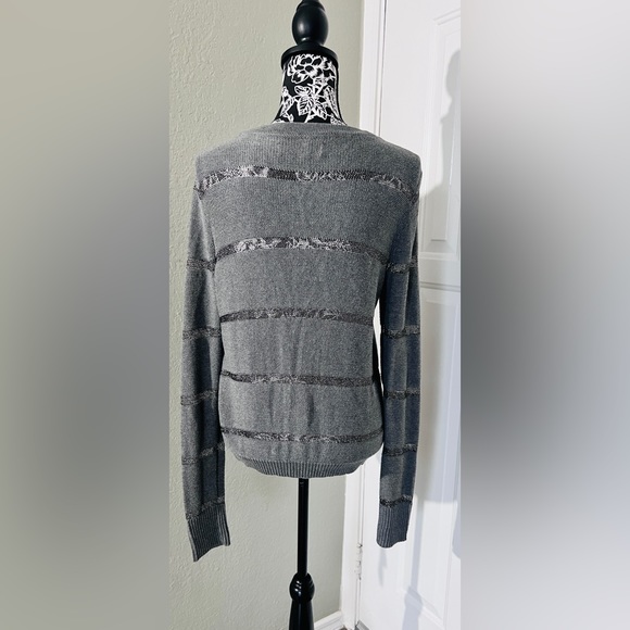 LOFT Sweater sheer silver metallic stripe V neck Size L NWOT - Picture 4 of 8